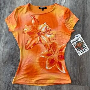 Forever 21 Orange Floral Short Sleeve Tee Lilies